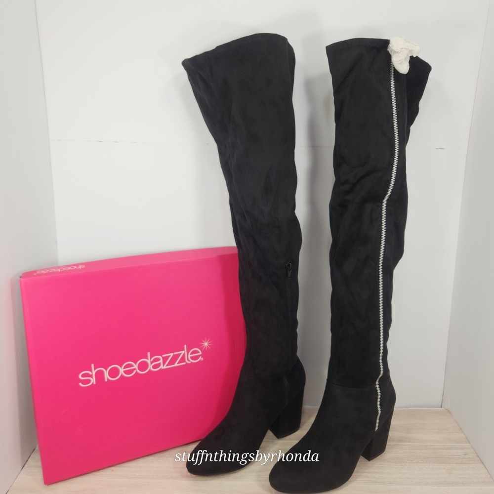 New In Box SHOEDAZZLE‎ NEVAEH Thigh High Boots Over Knee Zip BLACK US 9 / EU 40
